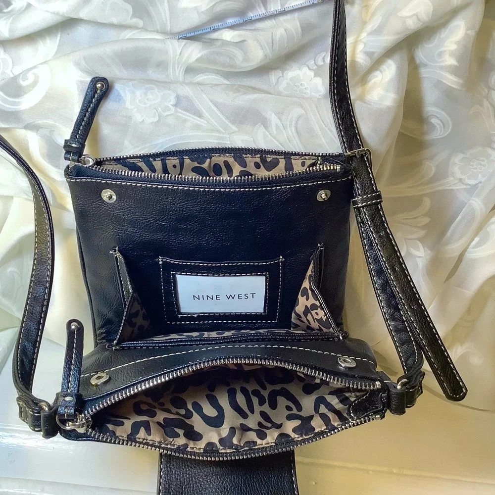 Nine West 3 Compartment Shoulder Bag Black Leopard print lined